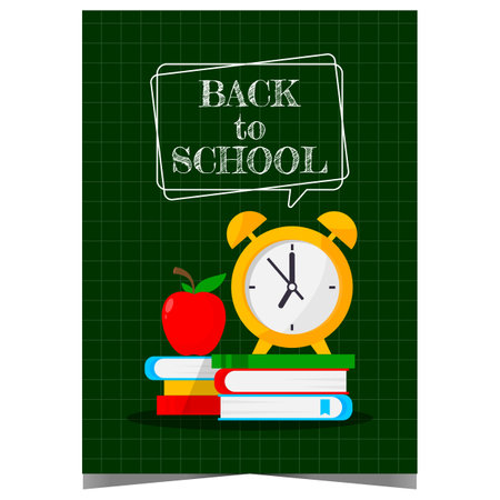 Back to school poster or banner with books, alarm clock and apple, symbol of knowledge, on a blackboard background. Invitation to celebrate the beginning of a new school year.のイラスト素材