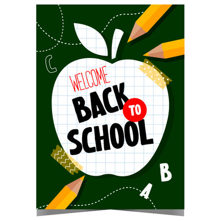 Welcome back to school poster with pencils, letters and apple cut from notebook paper. Invitation banner or flyer for pupils, students and teachers to celebrate new school year.のイラスト素材