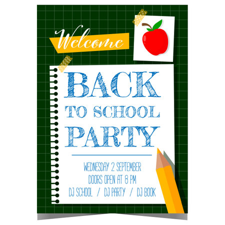 Back to school party poster to celebrate with pupils, students and teachers the start of new school year. Banner, leaflet or flyer with pencil, apple and inscription on notebook.のイラスト素材