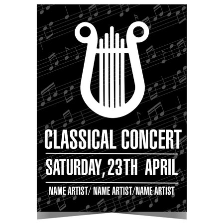 Classical music concert poster or banner with elegant harp on black background of musical notes. Invitation leaflet, flyer or handout for live instrumental event.のイラスト素材