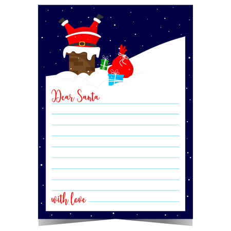 Christmas letter or wish list with funny Santa character got stuck up the chimney. Ready to print vector postcard with blank lines to fill out with greeting message.のイラスト素材