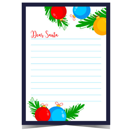 Blank template for Christmas letter to Santa with colorful decorative balls and spruce branches. Ready to print vector postcard or wish list for kids to fill out and send to Santaのイラスト素材