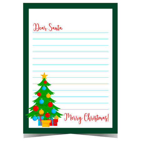 Christmas letter to Santa template with decorated Christmas tree and empty lines to fill out. Ready to print vector postcard for kids to fill out with wish list during holidays.のイラスト素材
