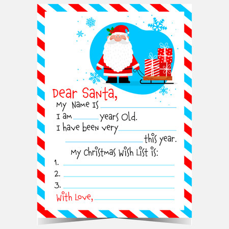 Christmas wish list template to fill out and send to Santa Claus. Blank document with empty lines and cute Santa character with sleigh and gifts. Ready to print letter to complete.のイラスト素材