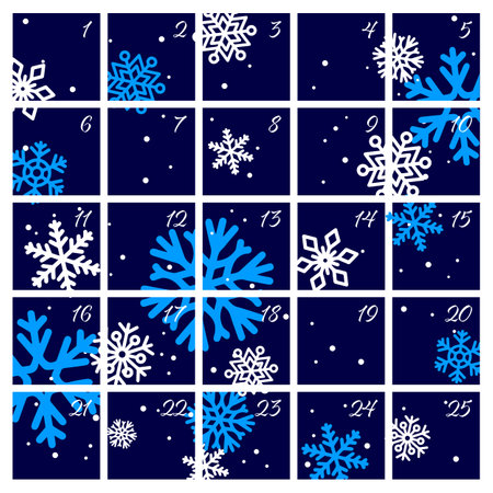 Christmas advent calendar with snowflakes and dates from 1st to 25th December to countdown days until the holiday. Ready to print or for web Christmas calendar.のイラスト素材