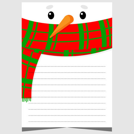 Blank Christmas letter template with cute snowman character wearing scarf. Ready for print or for web document with empty lines to fill out with greeting or wish list by children.のイラスト素材