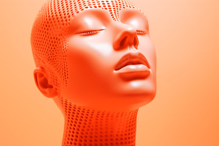 Mannequin with halftone effect and closed eyes on bright orange backgroundの素材