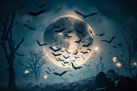 Moody night scene with flying bats on sky and moon backgroundの素材