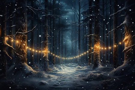 Moody festive Christmas night scene in the woods with Christmas lights and snowの素材