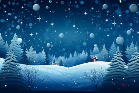 Christmas winter background, nature landscape with fir trees and festive lightsの素材