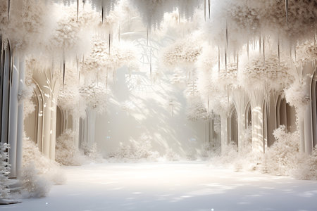 Winter fairy tale fantasy scene in the woods. Nature covered in snow. Festive setting, Christmas moodの素材