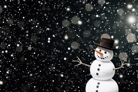 White snowman on dark winter background. Festive winter mood decorationの素材