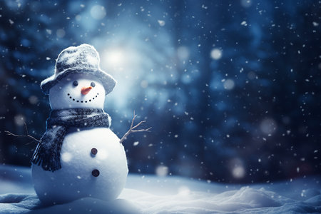 White snowman on dark winter background. Festive winter mood decorationの素材