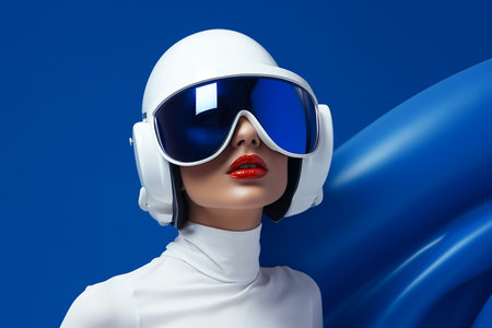 High fashion model with astronaut helmet and white silk dress, plain cobalt backgroundの素材