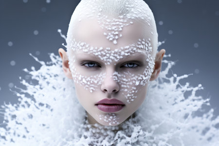 Fictitious fantasy woman in fairy tale forest with frost elements in her attireの素材