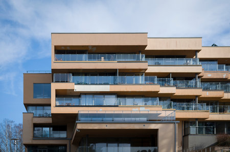 Saulkrasti, Latvia, March 16, 2023: New housing exterior as living and office buildings in a small cityのeditorial素材