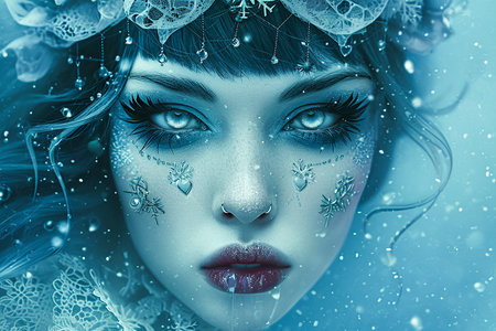 Portrait of a starseed woman mysterious style, pale skin with pale tattoo and crystals, tiny scattered heartsの素材