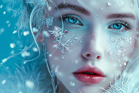 Portrait of a starseed woman mysterious style, pale skin with pale tattoo and crystals, tiny scattered heartsの素材