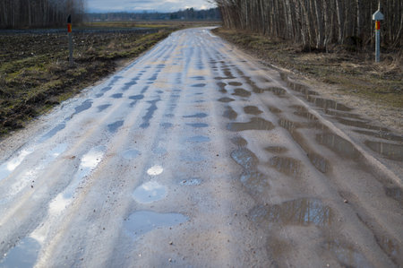 Road in countryside with lots of potholes filled with water after rainの写真素材