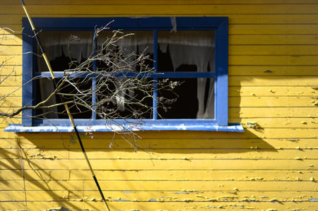 Abandoned house in bright yellow and blue colors. Empty window without glassの写真素材