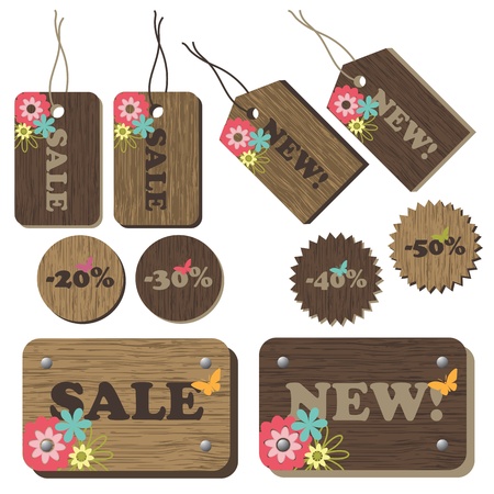Set of wood tags with flowersのイラスト素材