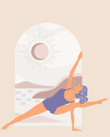 The girl is doing yoga at the sea. sand colorのイラスト素材