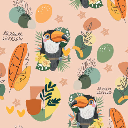 Seamless color pattern with birds and palm trees. Can be used on clothes and accessoriesのイラスト素材