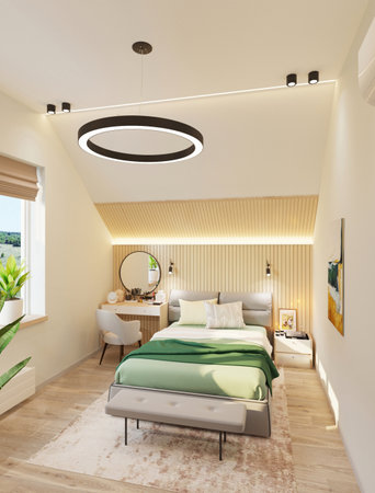 Interior of a modern bedroom in a villa. Nobody insideの写真素材