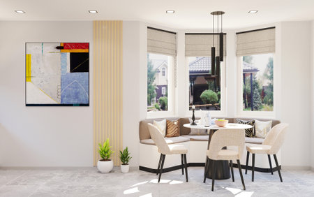 Interior of modern living room with dining table and chairs. 3d renderの写真素材