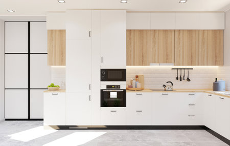Interior of modern kitchen with white and wooden walls, concrete floor, white countertops and white cupboards. 3d renderingの写真素材