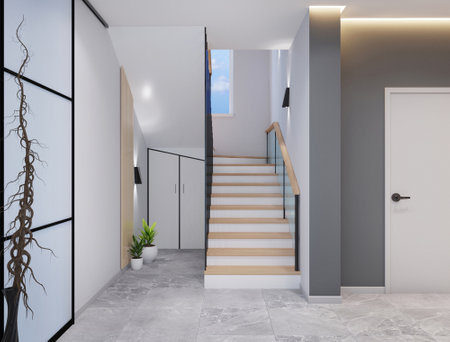 Interior of modern living room with white and gray walls, concrete floor, white and wooden staircase and door. 3d renderingの写真素材