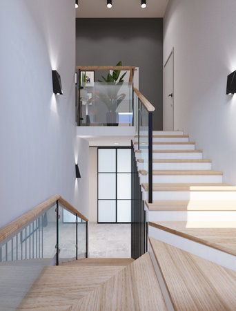 interior of modern house, staircase view from the hall 3d renderの写真素材