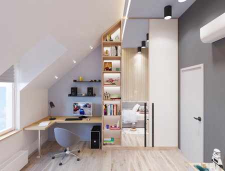 Interior of modern attic office with white and gray walls, wooden floor, comfortable computer table and bookcase. 3d renderingの写真素材
