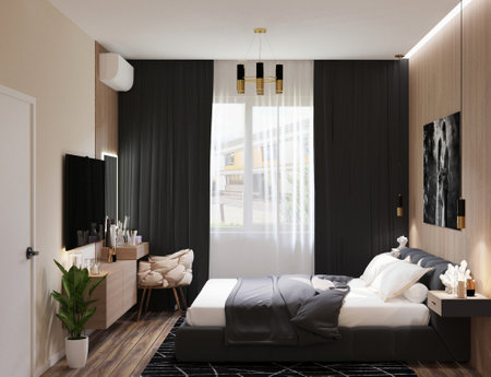 Interior of modern bedroom with black and white walls, wooden floor, comfortable king size bed with black cushions and wooden wardrobe. 3d renderingの写真素材