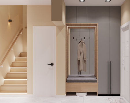 Interior of modern bathroom with beige and brown walls, tiled floor, white bathtub and wooden wardrobe. 3d renderingの写真素材