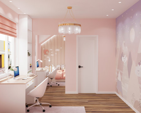 Interior of modern room with pink walls, wooden floor, white desk, white chairs and pink carpet. 3d renderingの写真素材