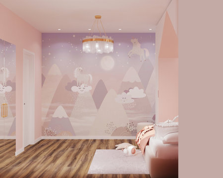 Interior of a childrens room with pink walls, a wooden floor and a pink bed. 3d renderingの写真素材