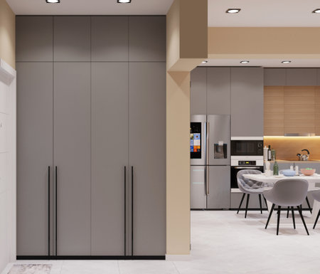 Interior of a modern kitchen with beige walls, tiled floor, white cupboards with built in sink and cooker. 3d renderの写真素材