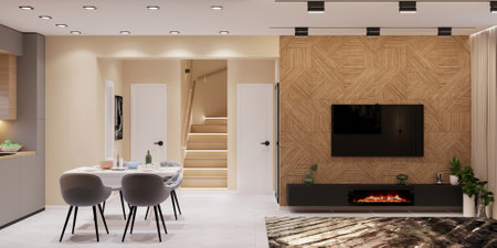 Modern living room interior design with fireplace. 3D Rendering.の写真素材