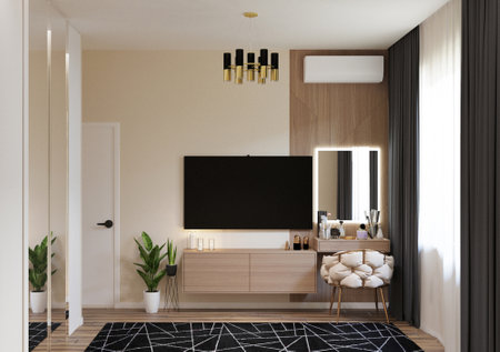 Interior of modern bathroom with beige walls, tiled floor, wooden cabinet and black mirror. 3d renderingの写真素材