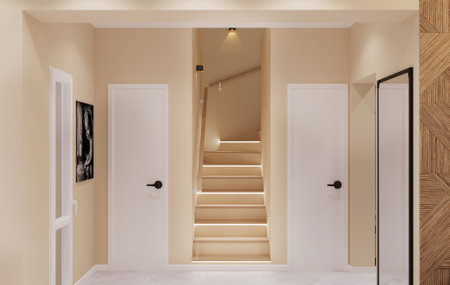 3d rendering of interior room with wooden door and stairs to the wallの写真素材