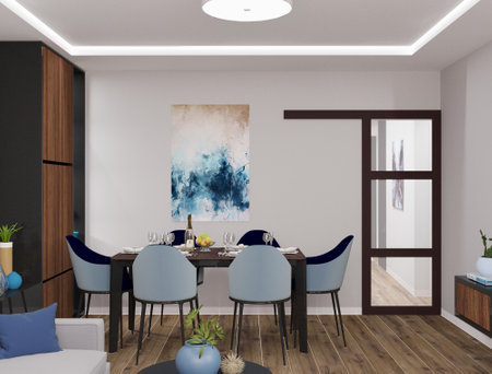 Interior of modern dining room with black and white walls, wooden floor, round table with blue chairs and a vertical poster on the wall. 3d renderingの写真素材