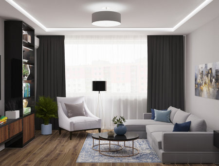 interior with grey sofa. 3d rendered illustration mock-upの写真素材
