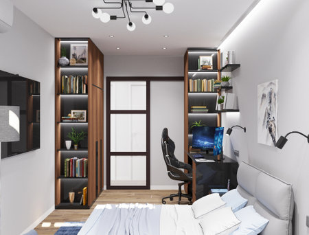 Interior of a modern bedroom with a bed and a bookcase. 3d renderingの写真素材