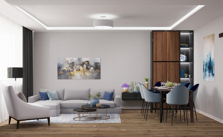 modern bright interiors apartment Living room 3D rendering illustration computer generated imageの写真素材