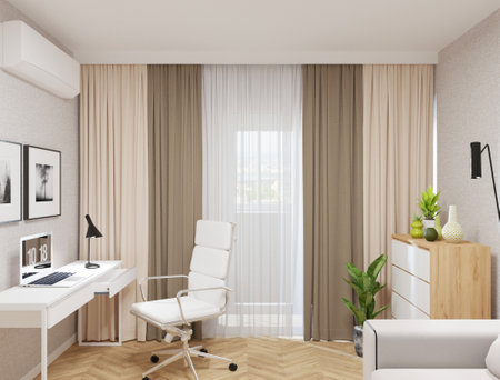 Interior of modern office with white and beige walls, wooden floor, comfortable white armchair and computer table with folders. 3d renderingの写真素材