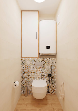 Interior of a bathroom with tile wall, shower and toilet bowlの写真素材