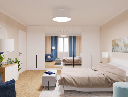 Interior of a hotel bedroom. 3d rendering mock up imageの写真素材