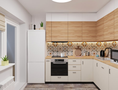 3d Illustration of white modern kitchen in a house with a beautiful designの写真素材