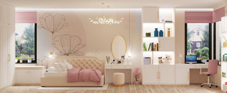 3d rendering of a modern bedroom interior design with a bed.の写真素材